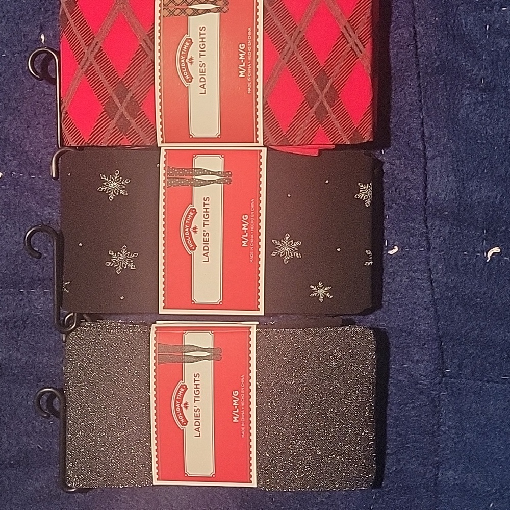 Holiday Time Ladies' Tights Trio - Glitter Gray, Snowflake Black, Plaid Red